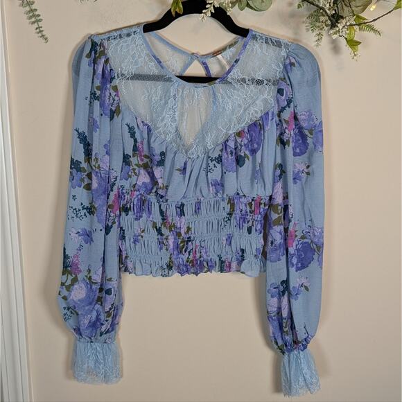 Free People Tops - Free People Blue Floral Lace Long Sleeve Crop Top Blouse